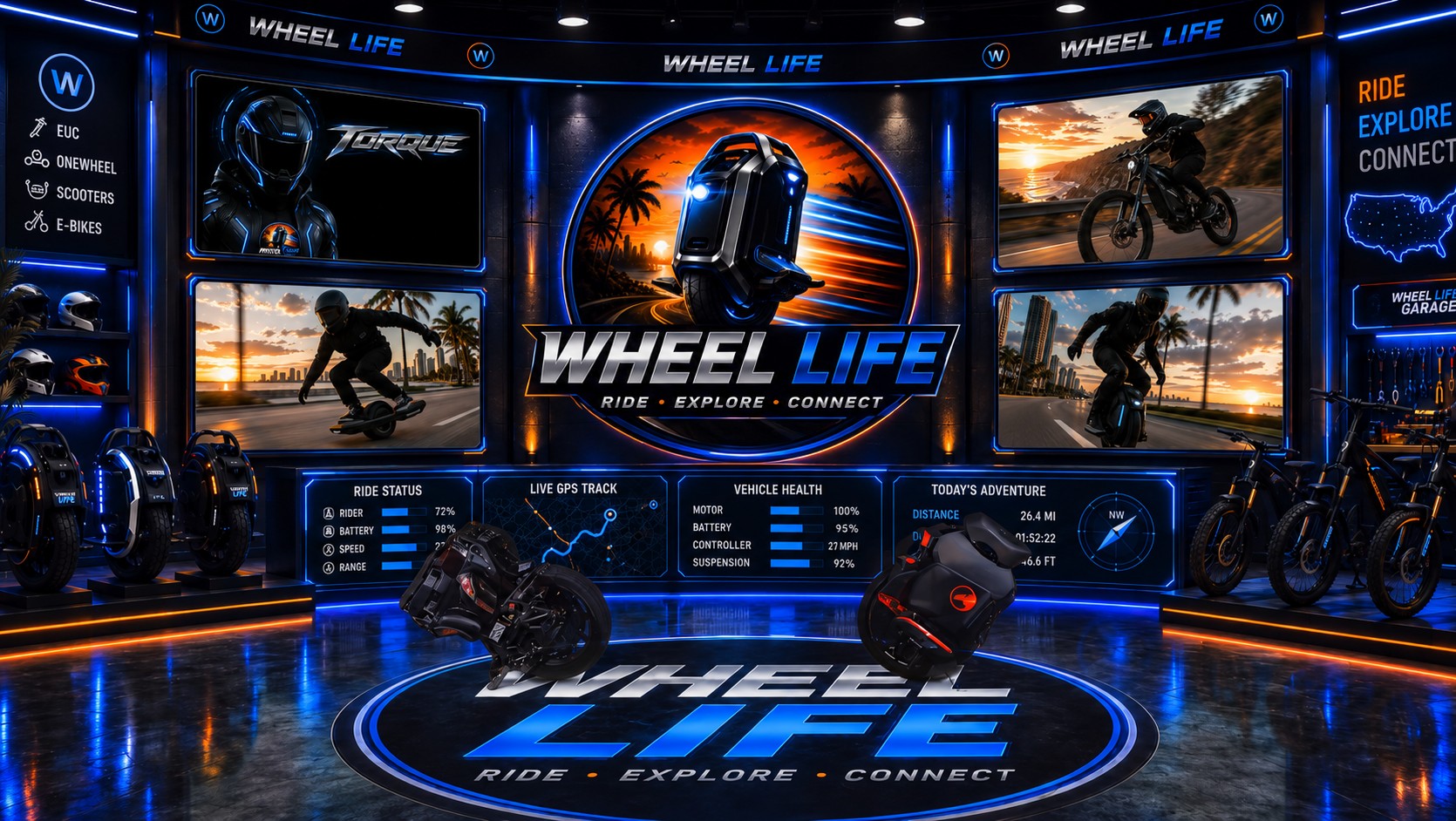The Wheel Life studio: the badge on the back wall, the Torque panel, ride screens, a rack of electric unicycles, a helmet wall, the garage rail and e-bikes.