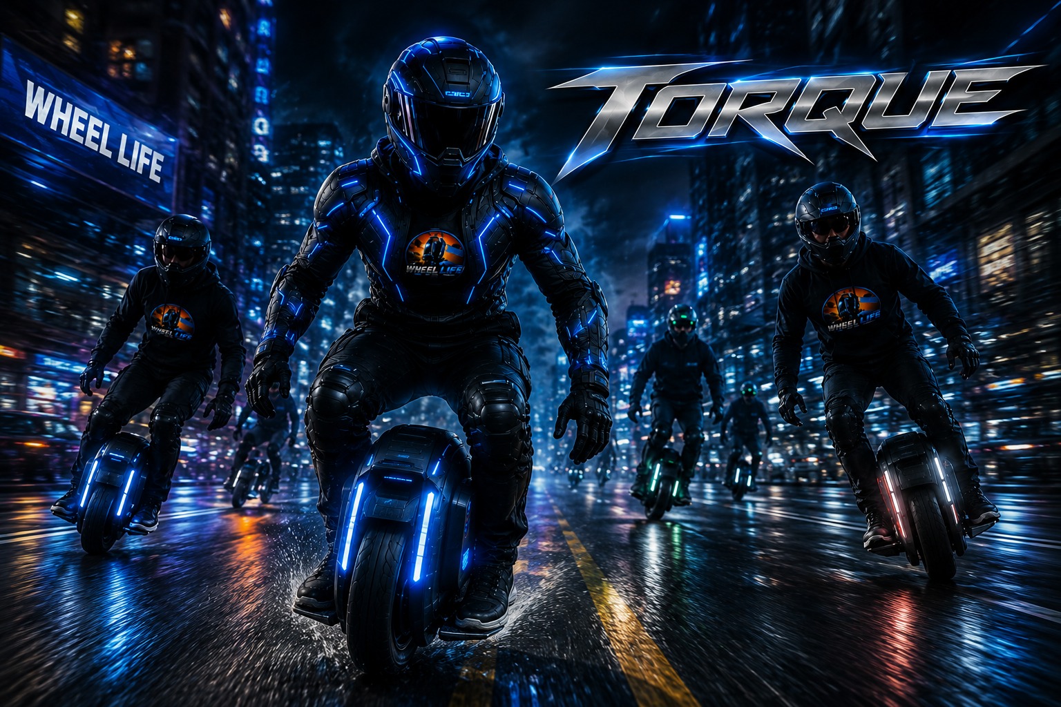 Torque out in front of the pack on wet neon city streets at night, riders in Wheel Life jerseys behind him.