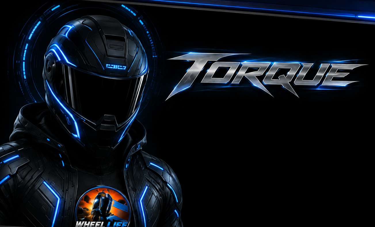 Torque, the show's co-host, a helmeted rider in neon-lit armor wearing the Wheel Life badge, beside the Torque wordmark.